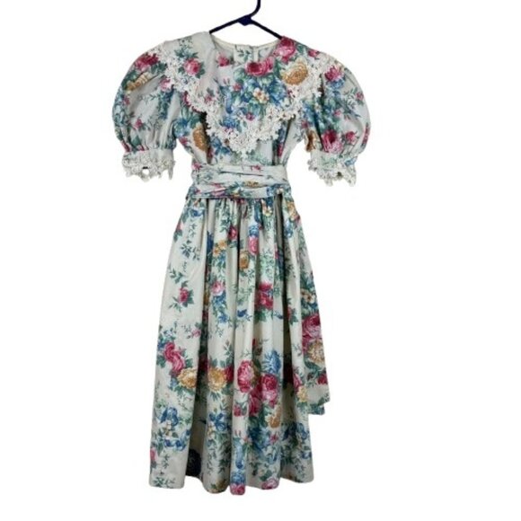 RARE VTG 80s Susi Dee Cottagecore Floral Dress Lace Bib Puff Sleeve Prairie Sz 7 - Picture 1 of 11